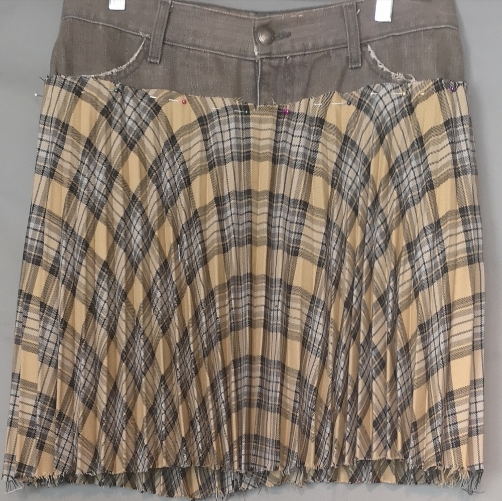 Neo-vintage Uplcycled Yellow Grey Wool Pleated Plaid Denim Mini Skirt Hybrid